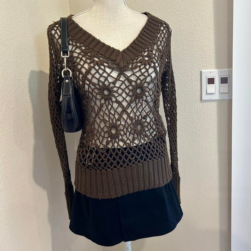 Red berry brown crochet sweater with floral details. Size medium